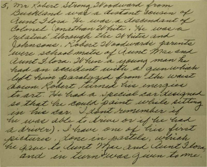 Essay by Grace Moyer Share about her aunt Flora White and Robert Strong Woodward